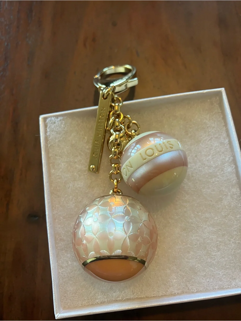 Louis Vuitton Peach and Pearl Two-Sphere Bag Charm comes with COA